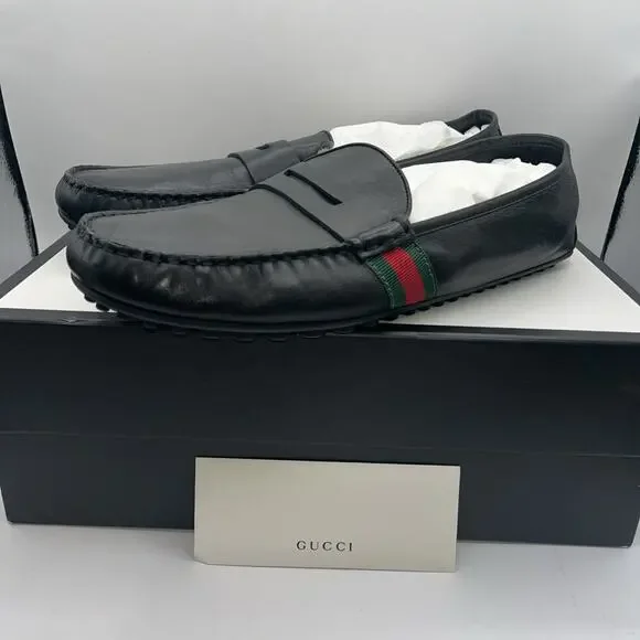 GUCCI BLACK UNLINED LEATHER WEB DETAIL MOCCASINS DRIVER SHOES Slip On Loafers Gucci Slip On Loafer with Web Black Leather - _631619 CQXM0  main image 2
